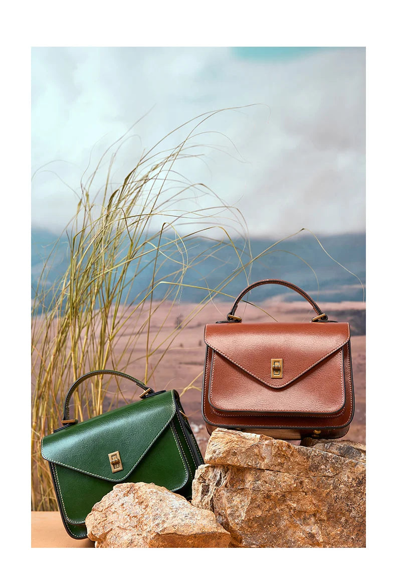 Genuine Leather Women luxury bag high quality Simple vintage Fashion Postman handbags ladies 2025 shoulder green small bag