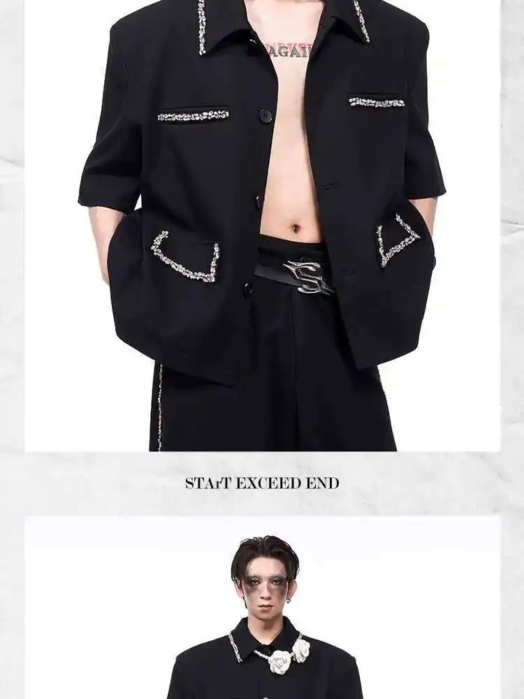LUZHEN Luxury Elegant Diamond Patchwork Decorate Short Sleeve Big Lapel Shirts Men's 2025 Summer High Quality Casual Tops JY1575