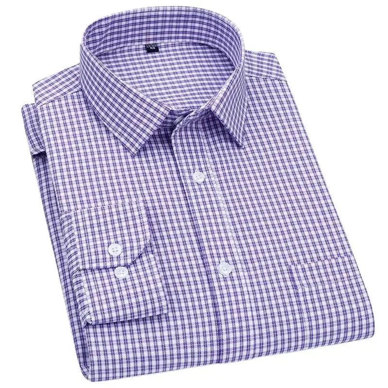Men's Long Sleeved Shirt Business Casual Classic Plaid Striped Checked Purple Blue Male Social Dress Shirts for Man Button Shirt