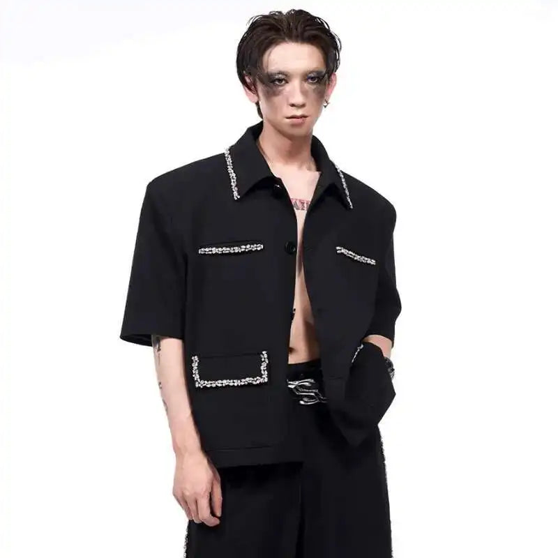 LUZHEN Luxury Elegant Diamond Patchwork Decorate Short Sleeve Big Lapel Shirts Men's 2025 Summer High Quality Casual Tops JY1575