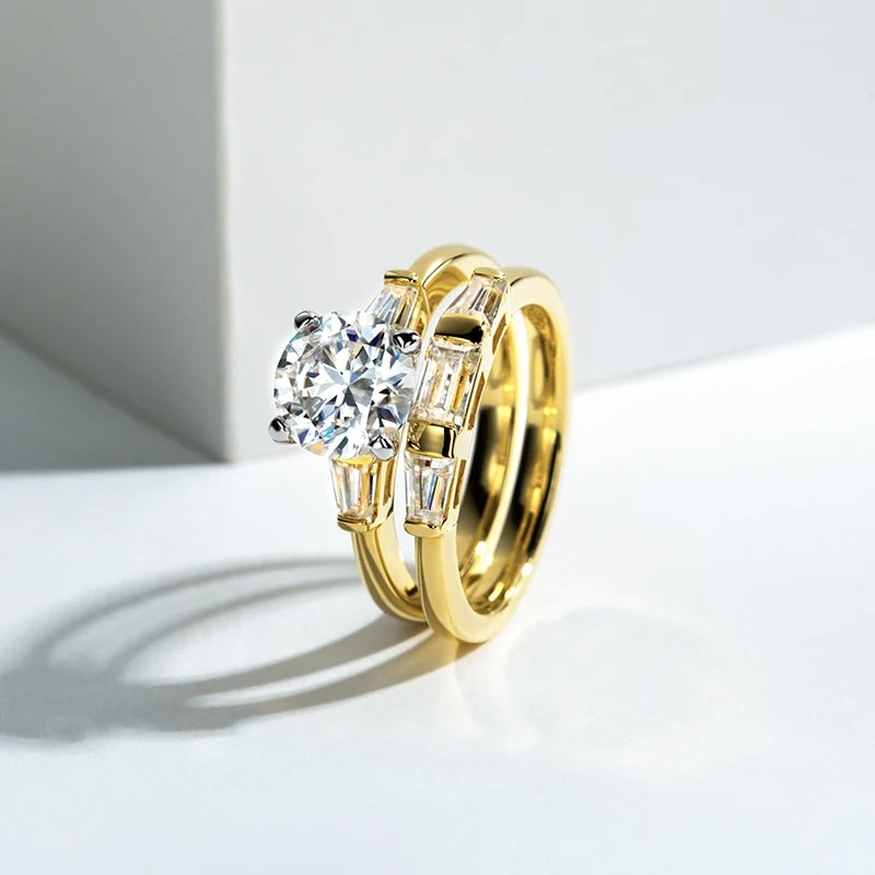 2 Carat All Moissanite Women 925 Sterling Silver Wedding Yellow Color Ring Sets Engagement Jewelry