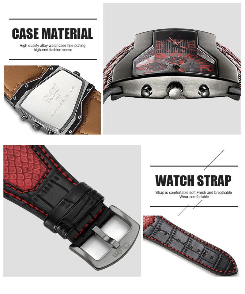 Oulm 1220 Luxury Brand Watch Retro Design Male Sport Wristwatch Leather Strap Watches Men's Two Time Zone Big Dial Quartz Clock