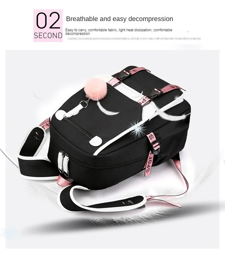 Large School Bags for Teenage Girls USB Port Canvas Schoolbag Student Book Bag Fashion Black Pink Teen School Backpack