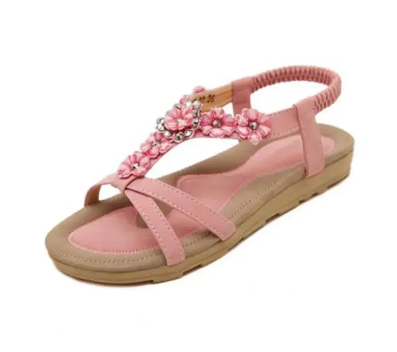TIMETANGComfortable Flat Heel Sandals Women Large Size Summer Shoes Woman Bohemia Flowers Rhinestone Beach Ladies Shoes