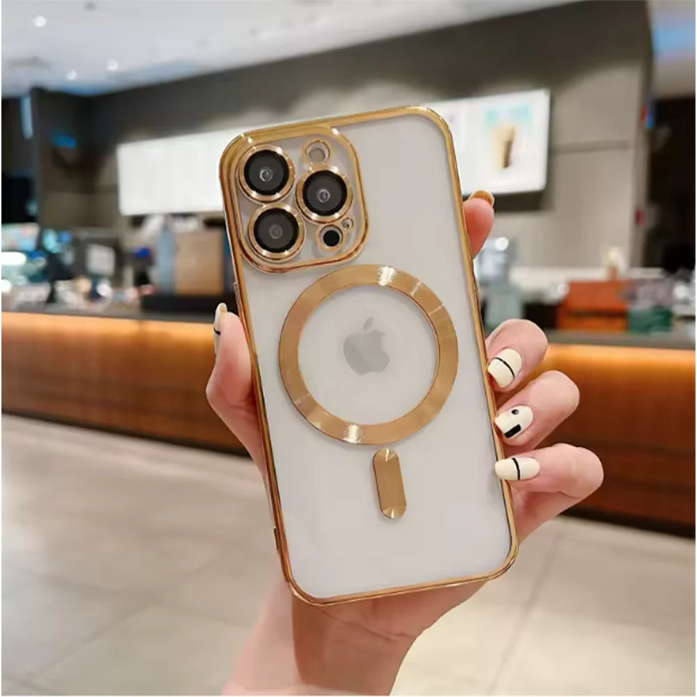 Fashion Plating Magnetic Soft Case Magsafe For iPhone 16 15 14 Plus 13 12 11 Pro Max Wireless Charging Case With Lens Protector