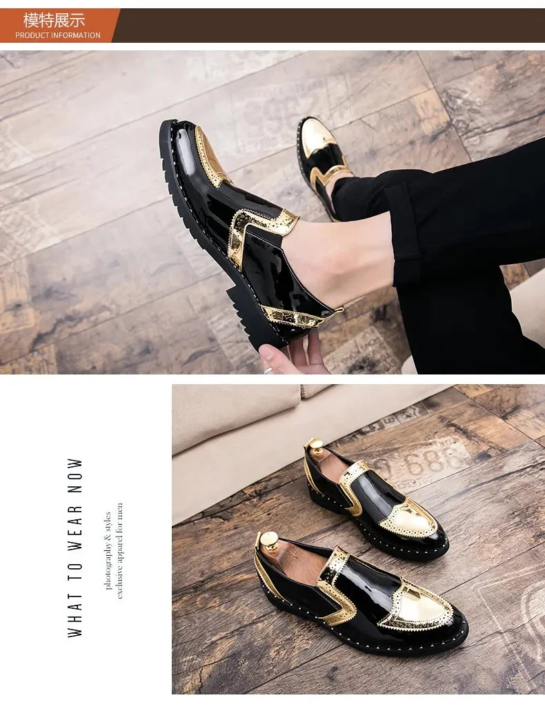 Fashionable Formal Men Shoes Lightweight Outdoor Loafers Thick Soled Wear-resistant Leather Shoes Black Gold andSilverSizes38-48