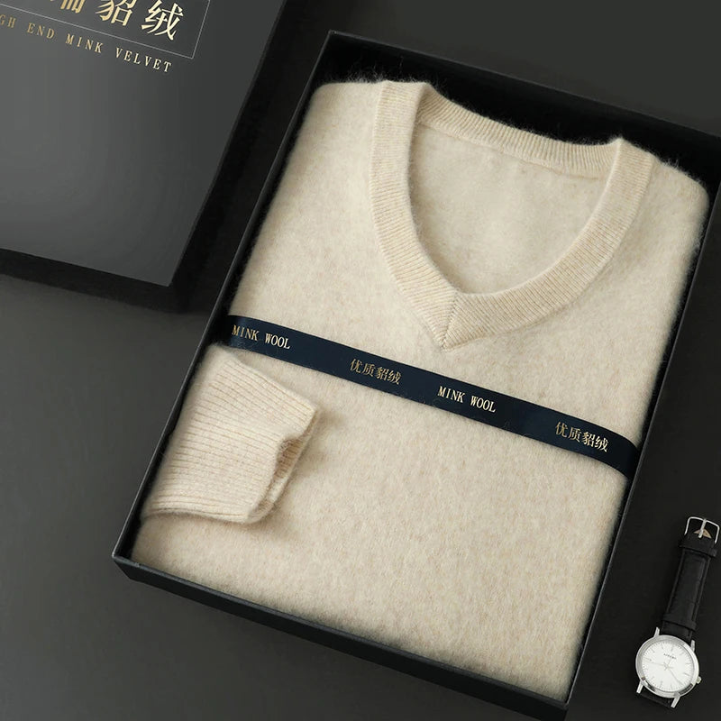 100% Pure Mink Cashmere Knitted Pullover Men's V-Neck Loose Large size Sweater Business Casual Warm Thick Bottoming Shirt Autumn