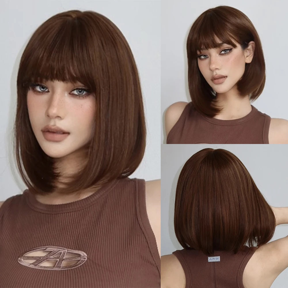 Short Black Brown Synthetic Natural Hair Wigs for Women Bob Straight Wig with Bangs High Temperature Daily Cosplay Party Wigs