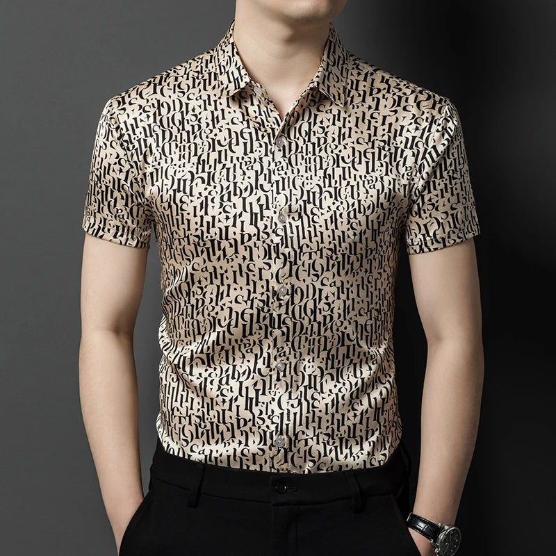 Mulberry Silk 100% Print Dress Men Shirt Short Sleeve Casual Icy Summer Quality Smooth Comfortable Regular Fit Camisas De Hombre