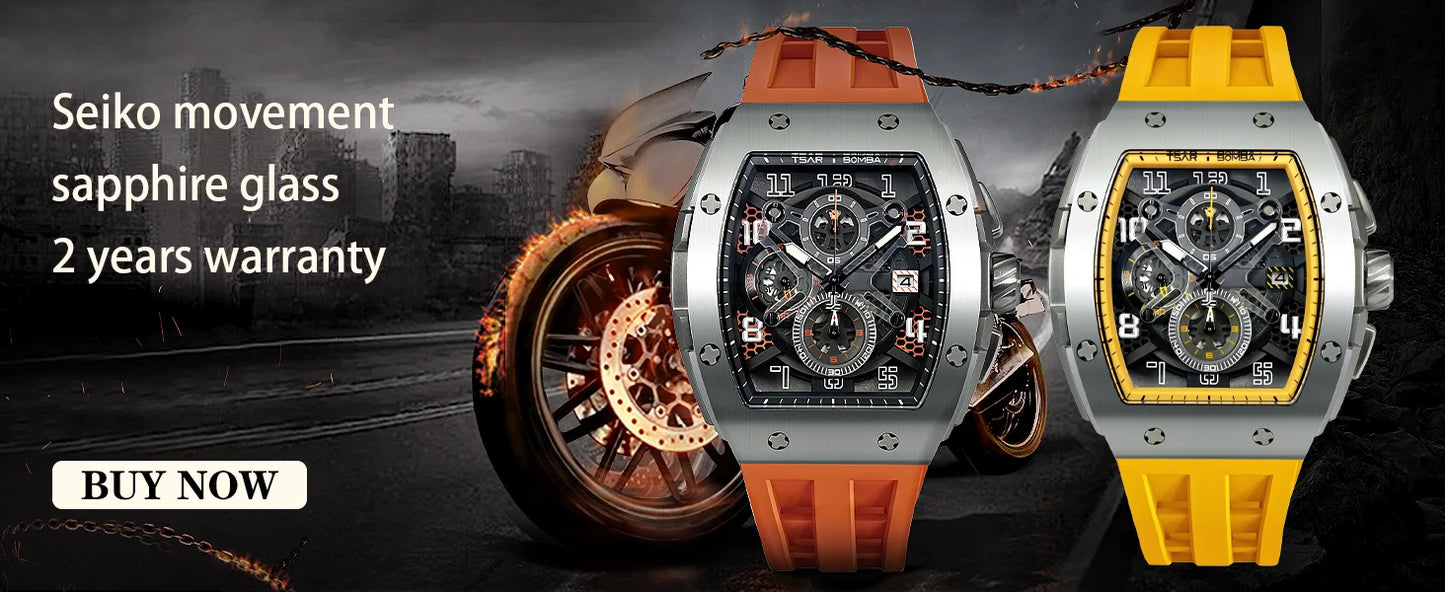 TSAR BOMBA Tonneau Watches for Men Sapphire Quartz Wristwatch Fashion Timepiece 5ATM Waterproof Clock Luxury Mens Watch