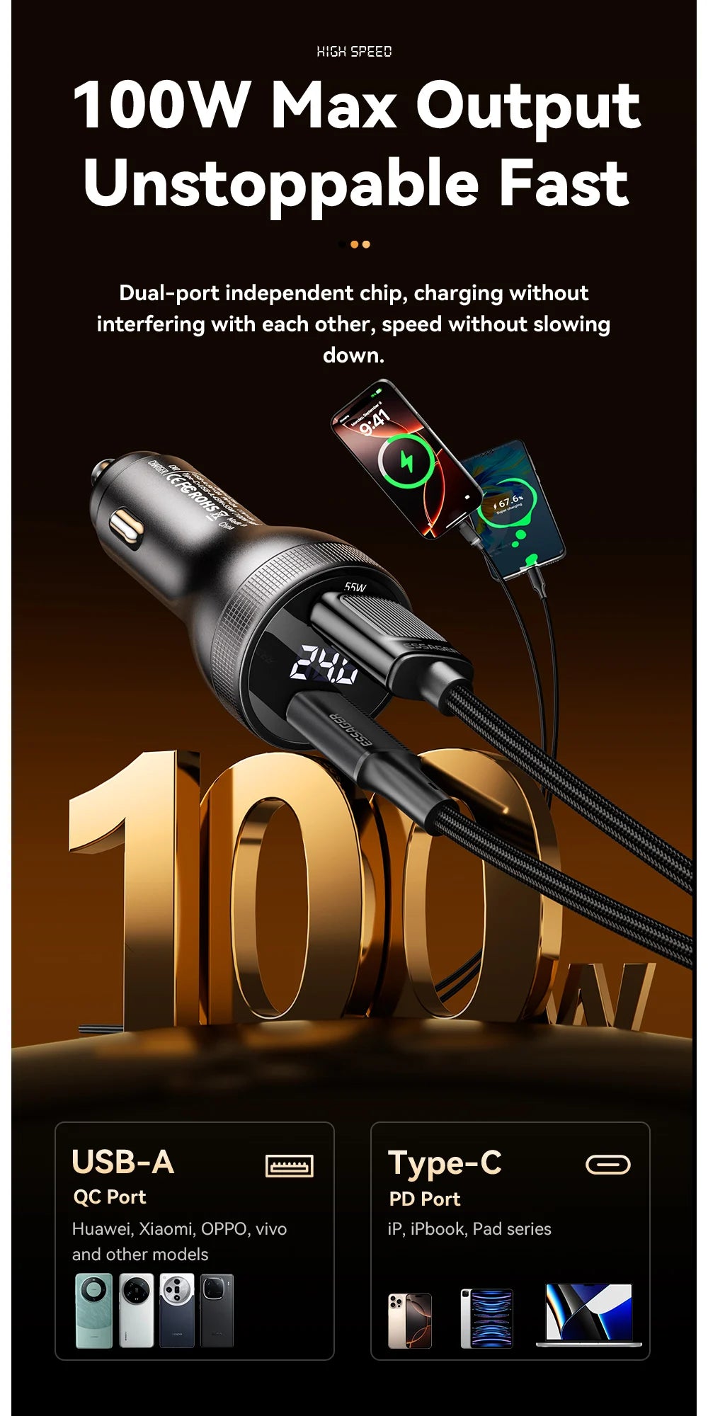 Essager 100W Car Charger USB C Quick Charge PD 45W for iPhone 15 pro 14 Xiaomi Poco Samsung Galaxy S24 Fast Charger Charging