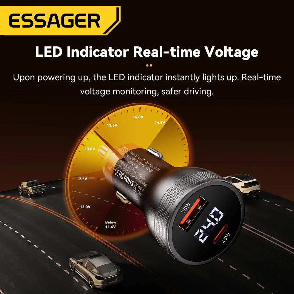 Essager 100W Car Charger USB C Quick Charge PD 45W for iPhone 15 pro 14 Xiaomi Poco Samsung Galaxy S24 Fast Charger Charging