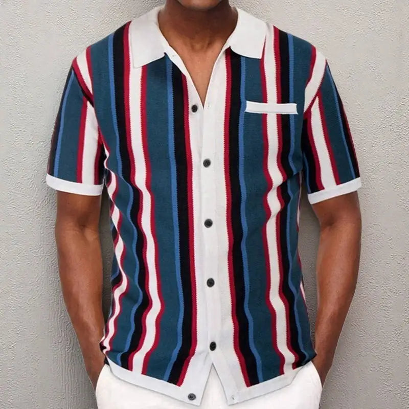 Polo Collar Striped Shirts Knitted Shirt Short Sleeve Single Breasted Casual Shirt Cardigan Loose Fit 2025 Spliced Pockets