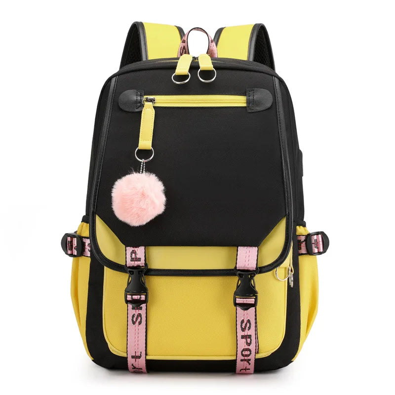 Large School Bags for Teenage Girls USB Port Canvas Schoolbag Student Book Bag Fashion Black Pink Teen School Backpack