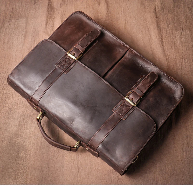 LUOKIR Vintage Crazy Horse Briefcase Travel Genuine Leather Handbag Luxury Men's Messenger Computer Shoulder Bag 14 Inch Laptop