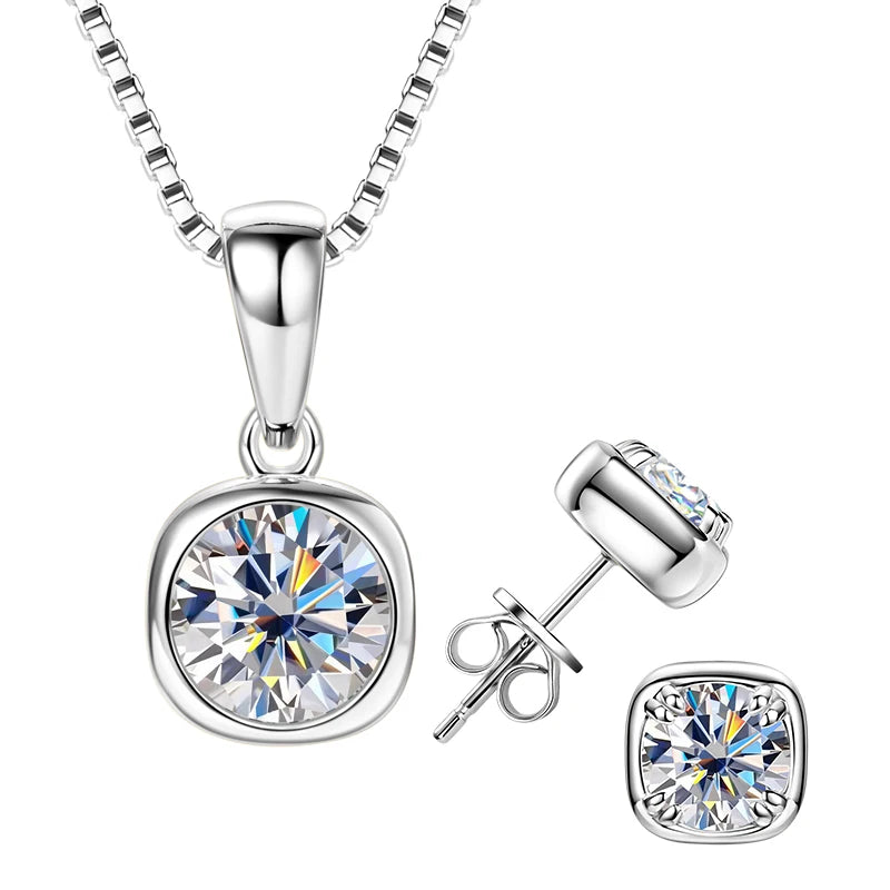 Lnngy 6.5MM 1CT Moissanite Earring Pendant Necklace For Women 925 Sterling Silver Square Stud Earrings Necklaces Jewelry Set