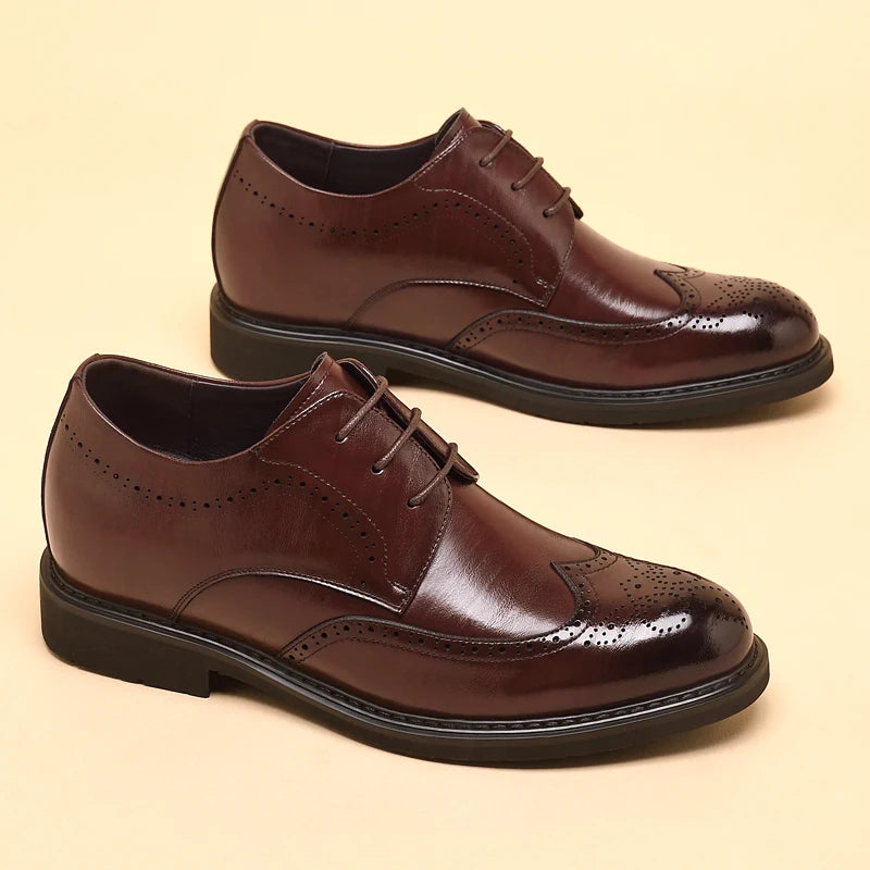 Men's Dress Brogues Elevator Shoes Platform Breathable Casual Business Luxury Genuine Leather Heightening Shoes 6 8CM Taller Man