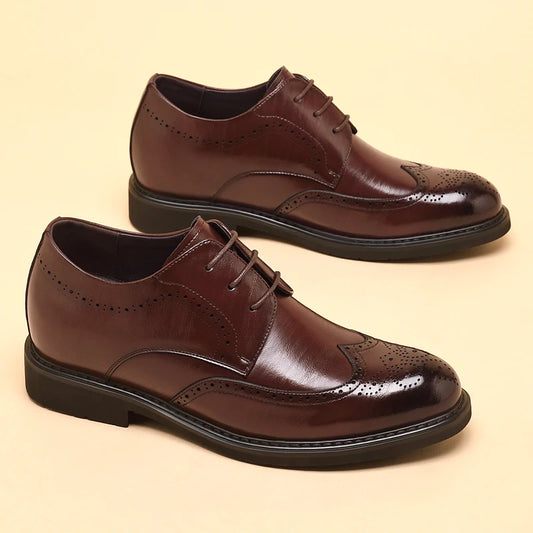 Men's Dress Brogues Elevator Shoes Platform Breathable Casual Business Luxury Genuine Leather Heightening Shoes 6 8CM Taller Man