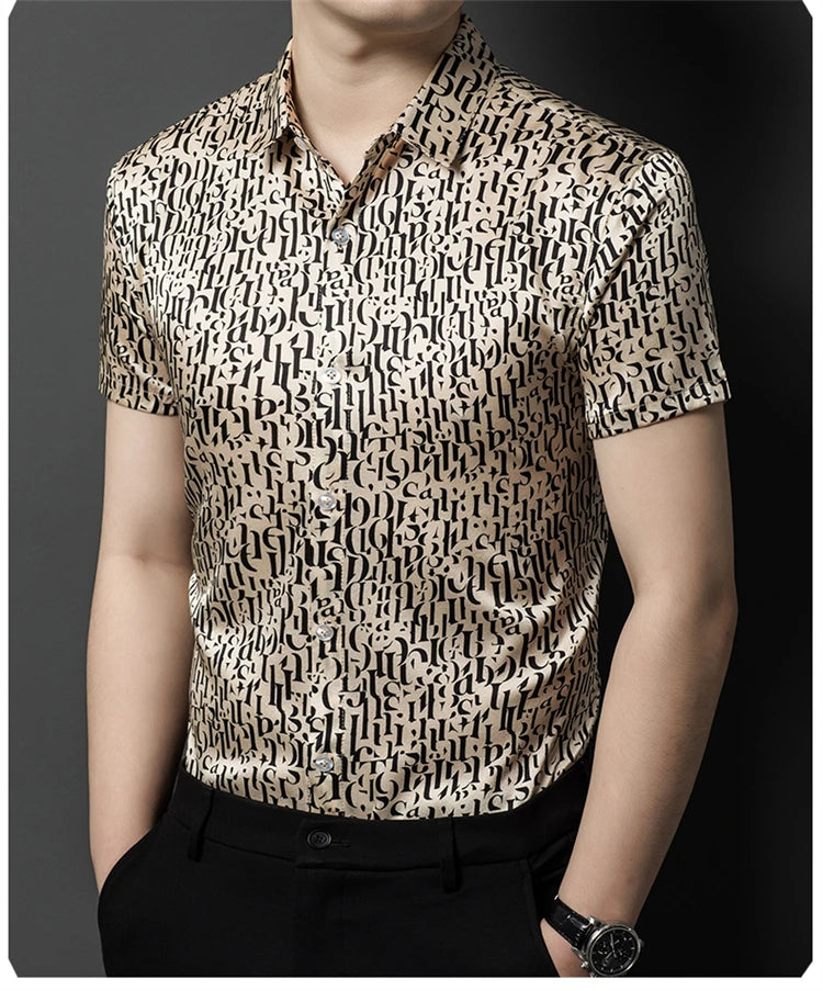 Mulberry Silk 100% Print Dress Men Shirt Short Sleeve Casual Icy Summer Quality Smooth Comfortable Regular Fit Camisas De Hombre