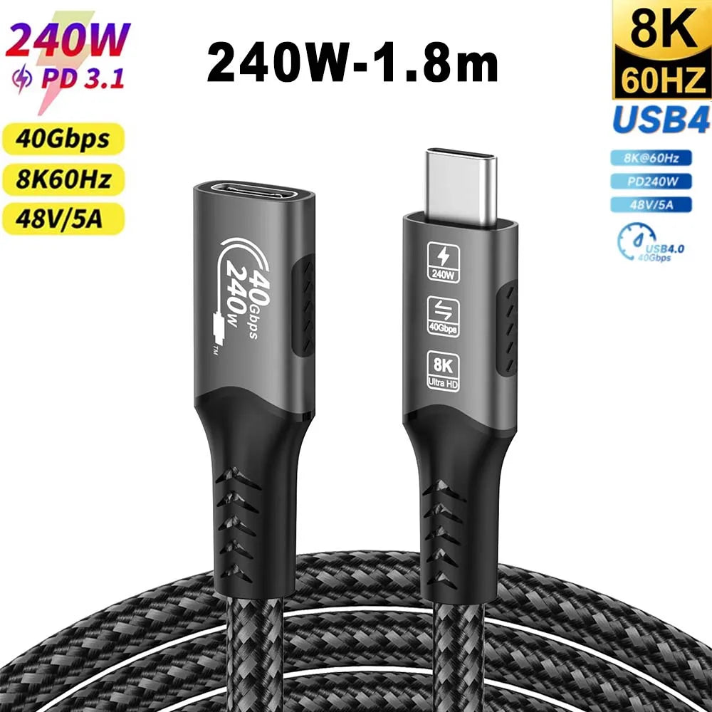 8K USB4 Type C Cable 40Gbps 240W PD3.1 QC4.0 For Samung Thunderbolt 4 Fast Charging Cable Thunderbolt3 USB C to C Data Transfer