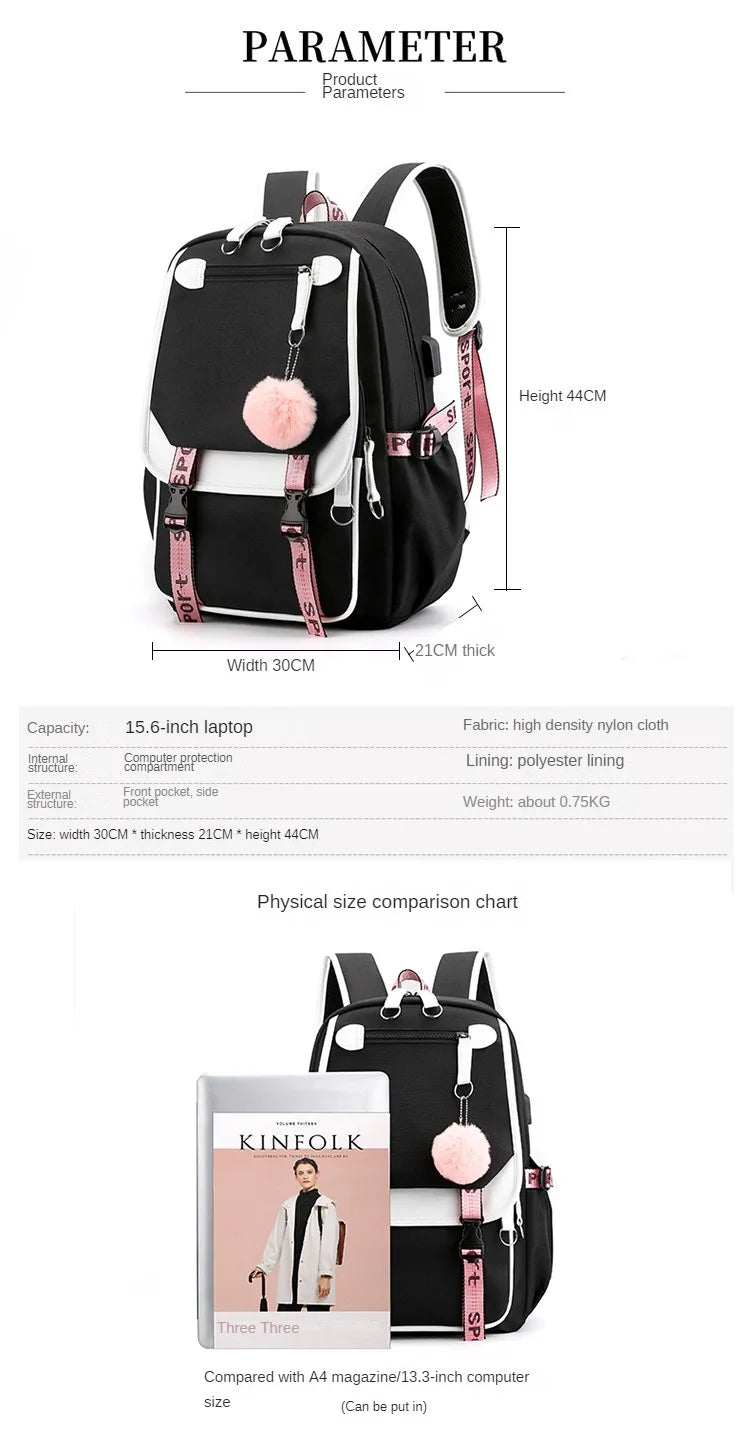 Large School Bags for Teenage Girls USB Port Canvas Schoolbag Student Book Bag Fashion Black Pink Teen School Backpack