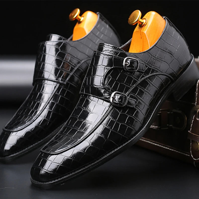 Luxury Men Dress Shoes Crocodile Grain Leather Shoes Men Buckle Casual Wedding Party Shoes High Quality Business Men Brogue Shoe