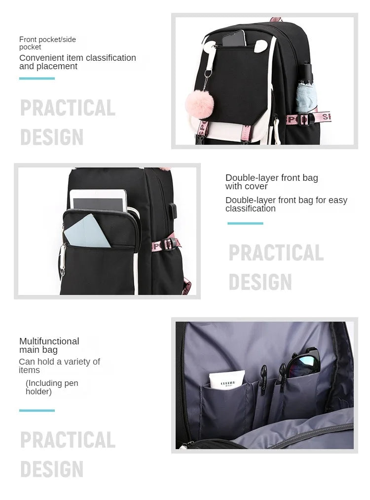 Large School Bags for Teenage Girls USB Port Canvas Schoolbag Student Book Bag Fashion Black Pink Teen School Backpack