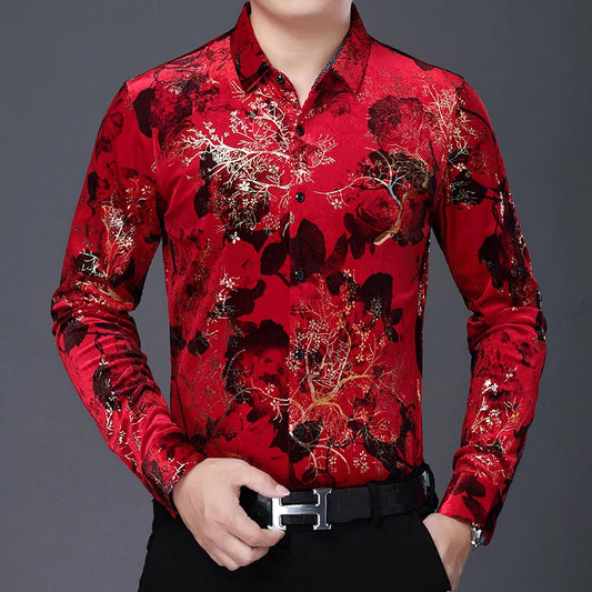 New Arrival Male Velour Shirts Autumn Winter Male Floral Clothing Long Sleeve Gold Velvet Flowers Dresses