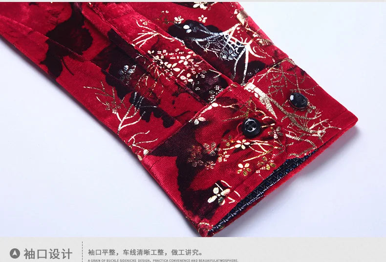 New Arrival Male Velour Shirts Autumn Winter Male Floral Clothing Long Sleeve Gold Velvet Flowers Dresses
