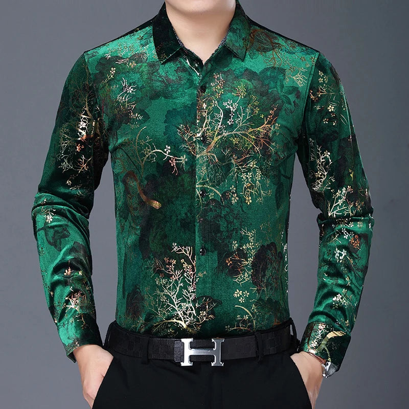 New Arrival Male Velour Shirts Autumn Winter Male Floral Clothing Long Sleeve Gold Velvet Flowers Dresses