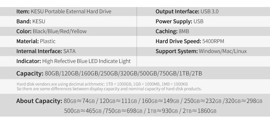 KESU HDD 2.5" Portable External Hard Drive 2tb/1tb/500gb/750gb USB3.0 disk memory  for PC tablets PS4 notebook Desktop Computer