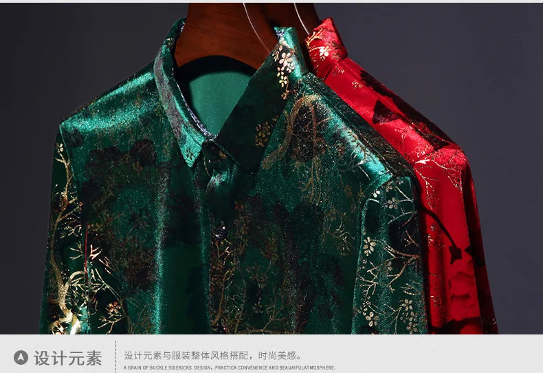 New Arrival Male Velour Shirts Autumn Winter Male Floral Clothing Long Sleeve Gold Velvet Flowers Dresses