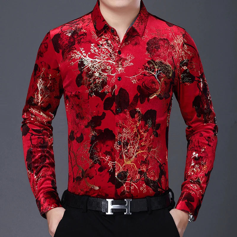 New Arrival Male Velour Shirts Autumn Winter Male Floral Clothing Long Sleeve Gold Velvet Flowers Dresses