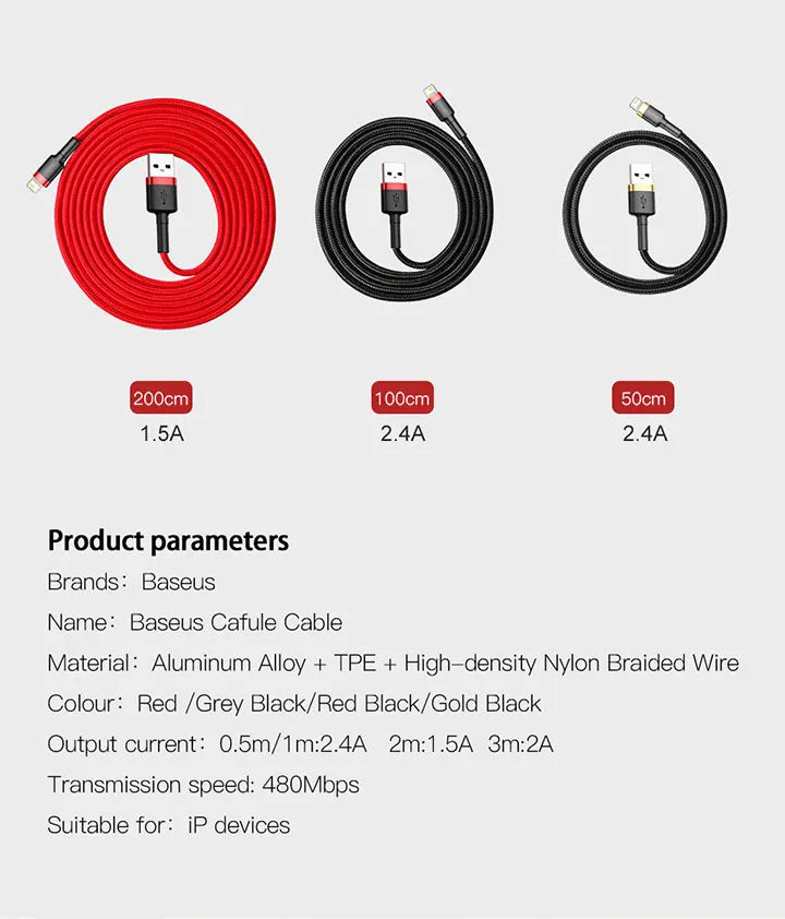 Baseus USB Cable for iPhone 12 11 Pro Max 8 X XR Fast Charge for iPhone Cable USB Data Sync Cable Phone Charger Cable Wire Cord