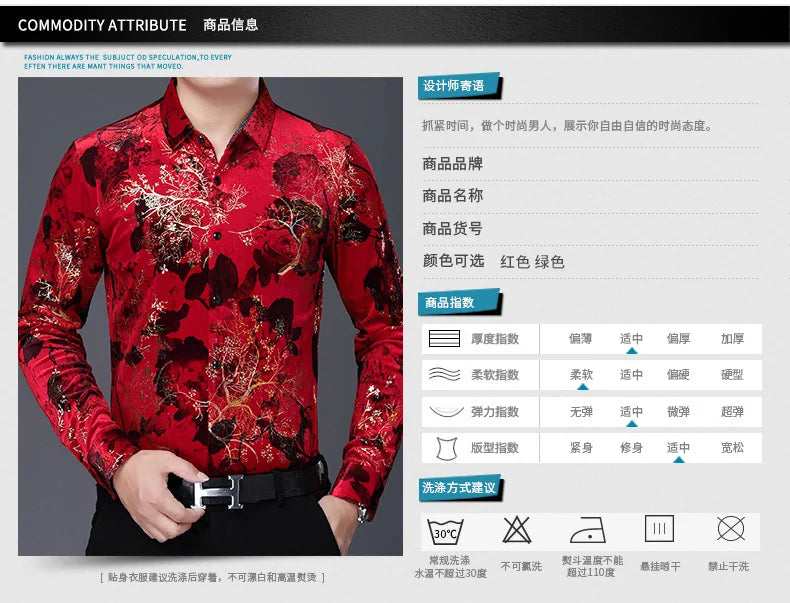 New Arrival Male Velour Shirts Autumn Winter Male Floral Clothing Long Sleeve Gold Velvet Flowers Dresses