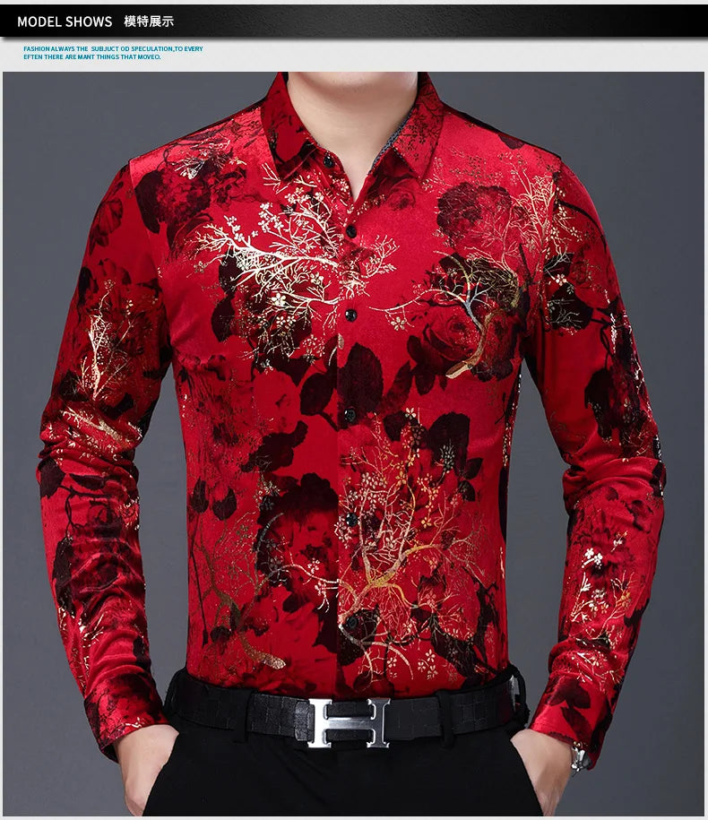 New Arrival Male Velour Shirts Autumn Winter Male Floral Clothing Long Sleeve Gold Velvet Flowers Dresses