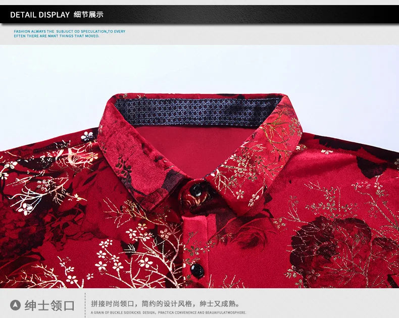 New Arrival Male Velour Shirts Autumn Winter Male Floral Clothing Long Sleeve Gold Velvet Flowers Dresses