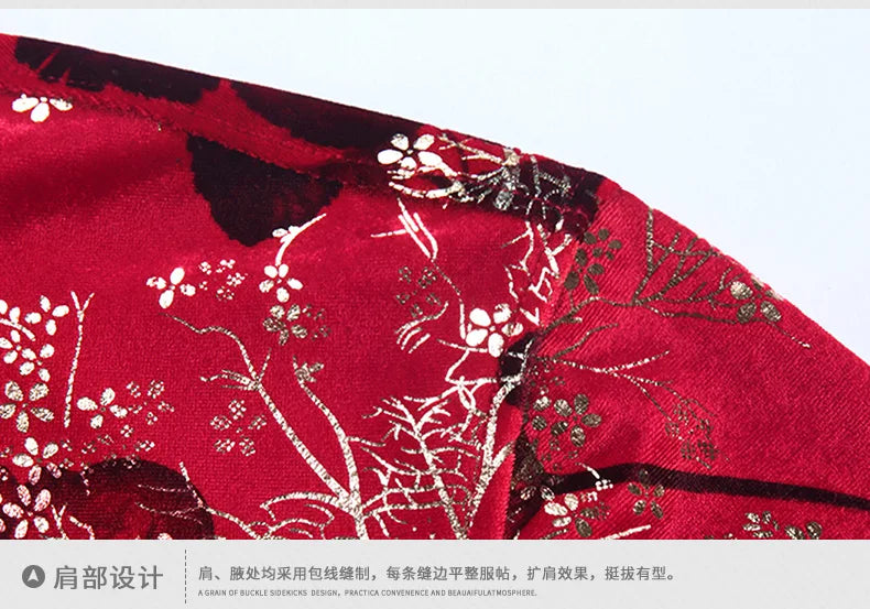 New Arrival Male Velour Shirts Autumn Winter Male Floral Clothing Long Sleeve Gold Velvet Flowers Dresses
