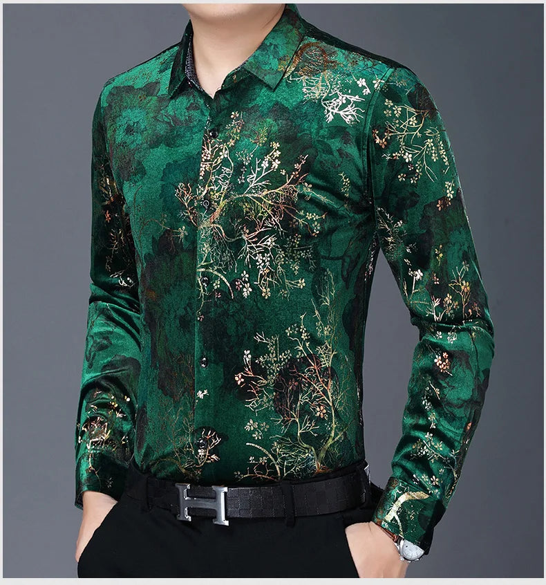 New Arrival Male Velour Shirts Autumn Winter Male Floral Clothing Long Sleeve Gold Velvet Flowers Dresses