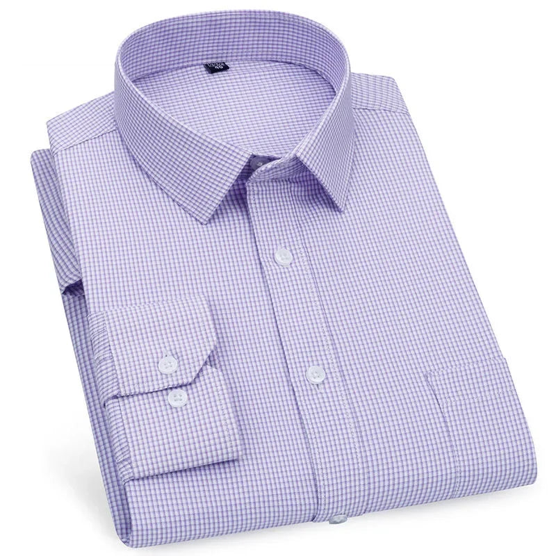 Men's Long Sleeved Shirt Business Casual Classic Plaid Striped Checked Purple Blue Male Social Dress Shirts for Man Button Shirt