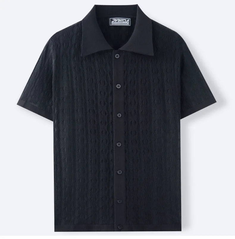 Men Solid Shirt Turn Down Collar Shirt Business Short Sleeve Blouses Knitted Single Breasted Loose Button Summer Cardigan