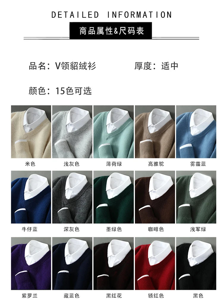 100% Pure Mink Cashmere Knitted Pullover Men's V-Neck Loose Large size Sweater Business Casual Warm Thick Bottoming Shirt Autumn