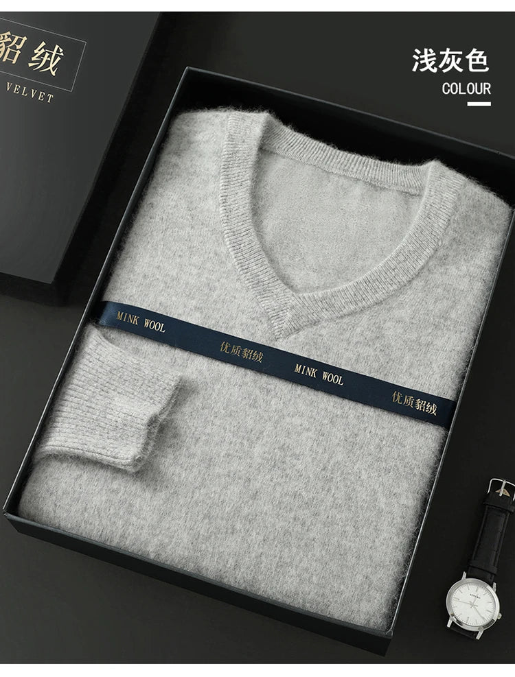 100% Pure Mink Cashmere Knitted Pullover Men's V-Neck Loose Large size Sweater Business Casual Warm Thick Bottoming Shirt Autumn