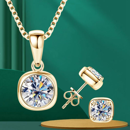 Lnngy 6.5MM 1CT Moissanite Earring Pendant Necklace For Women 925 Sterling Silver Square Stud Earrings Necklaces Jewelry Set