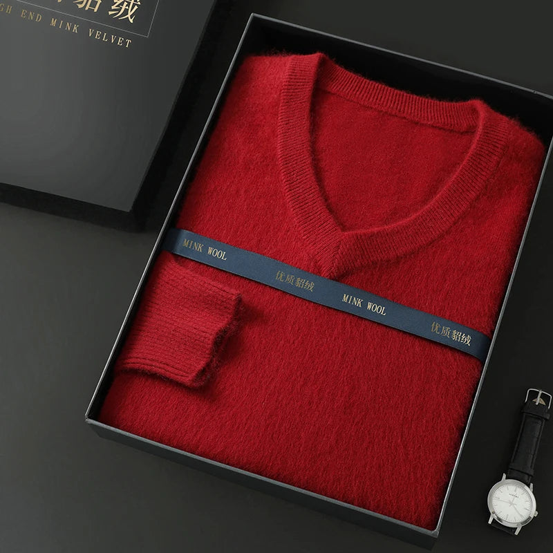100% Pure Mink Cashmere Knitted Pullover Men's V-Neck Loose Large size Sweater Business Casual Warm Thick Bottoming Shirt Autumn