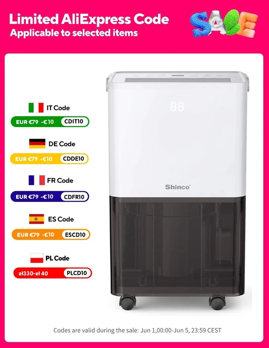 SHINCO Electric Dehumidifier, 10 L, Room Dehumidifier with Moisture Sensor, for 45 m³ (15 m²), Energy Saving, Drain Hose
