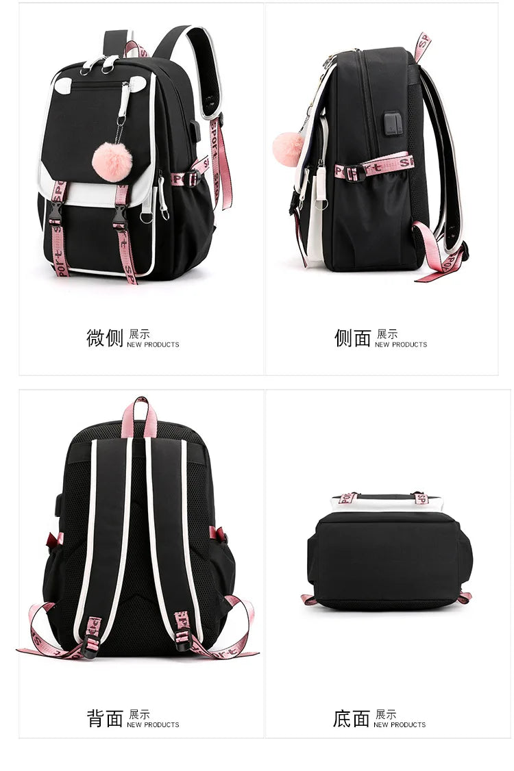 Large School Bags for Teenage Girls USB Port Canvas Schoolbag Student Book Bag Fashion Black Pink Teen School Backpack