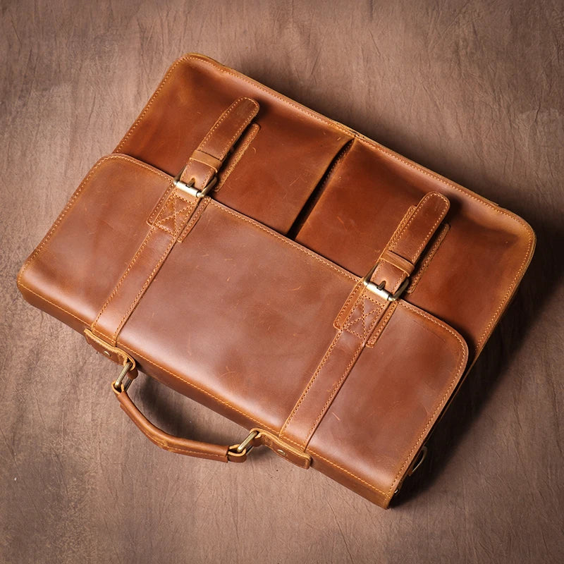 LUOKIR Vintage Crazy Horse Briefcase Travel Genuine Leather Handbag Luxury Men's Messenger Computer Shoulder Bag 14 Inch Laptop