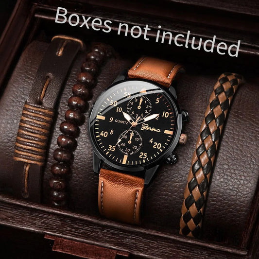 4PCS Fashion Men Business Watches Arabic Dial Quartz Watch Casual Leather Band Wristwatches Vintage Bracelets Set（Without Box）