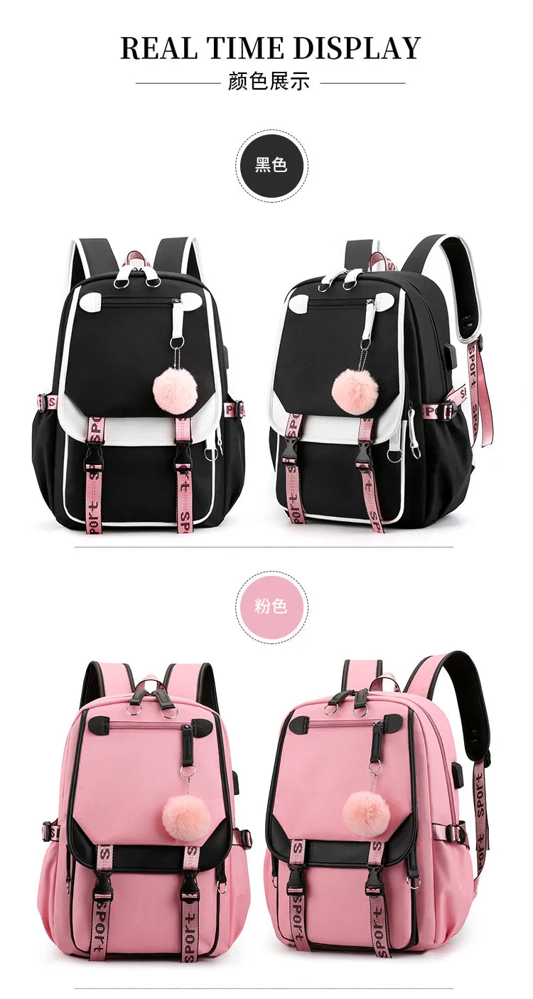 Large School Bags for Teenage Girls USB Port Canvas Schoolbag Student Book Bag Fashion Black Pink Teen School Backpack
